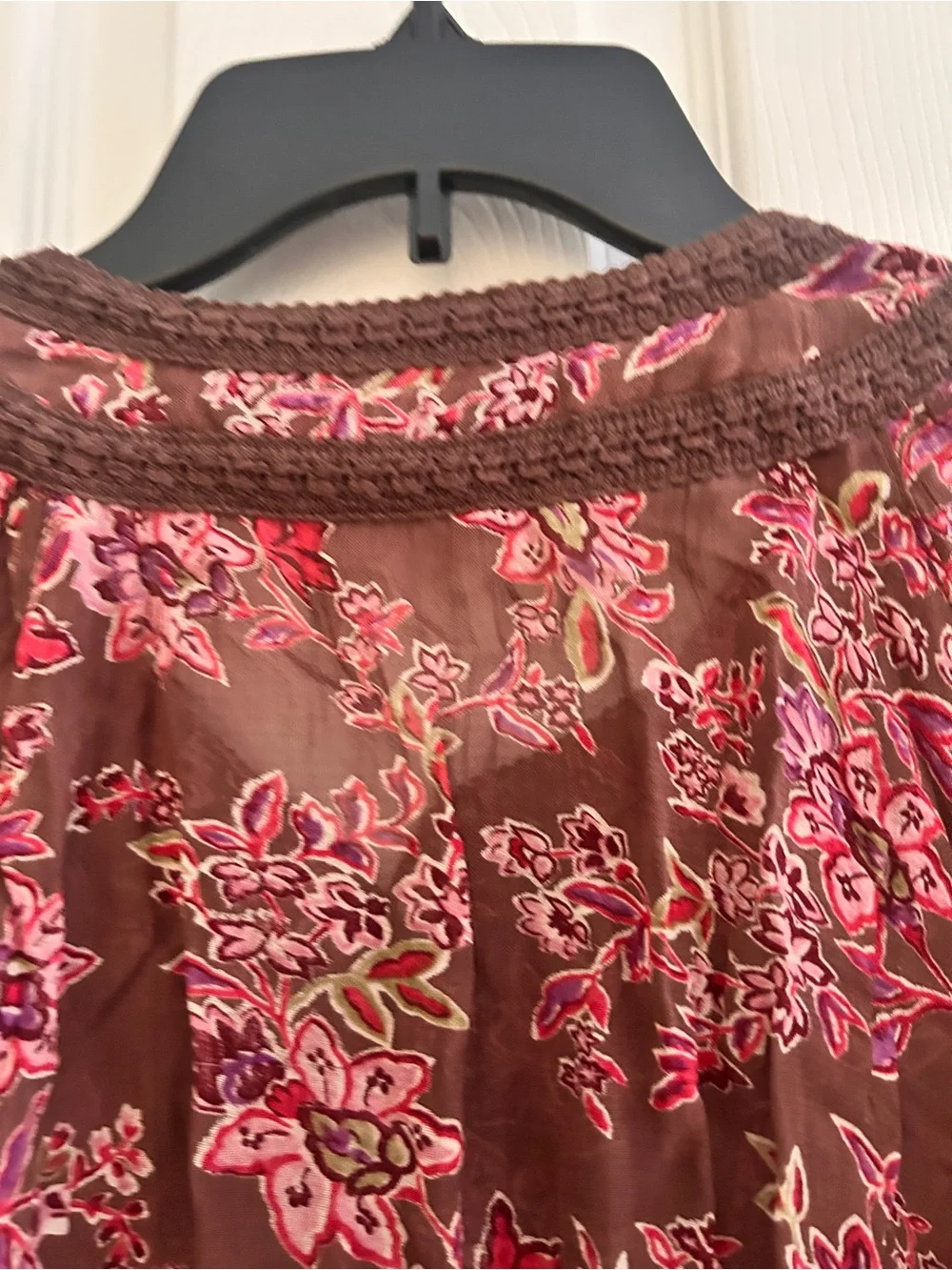 Angie Brown Floral Sheer Peasant Blouse with Pink Accents